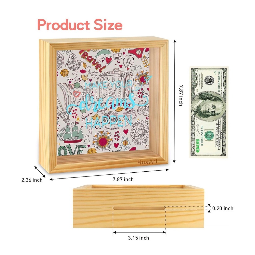 Wooden Shadow Box Piggy‎ Bank Travel Dreams Money Saver Container